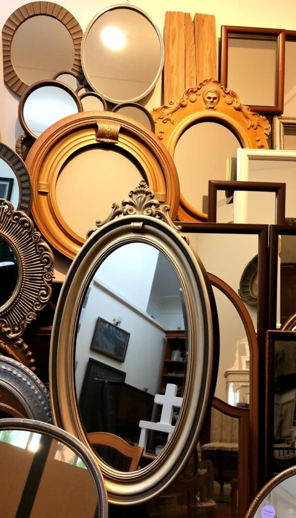 A vibrant collection of diverse mirrors artfully arranged, showcasing a range of shapes, sizes, and styles suitable for enhancing any home decor. In the foreground, an elegant oval mirror with a sleek, metallic frame reflects the room's ambiance. Positioned behind it, a set of round, distressed wooden mirrors creates a layered, rustic vibe. Nearby, a large, ornate mirror with an intricately carved frame takes center stage, casting a warm, inviting glow. In the background, a series of minimalist, frameless mirrors of various rectangular proportions add a sense of depth and visual interest. Carefully considered lighting accentuates the mirrors' unique textures and finishes, creating a cohesive, visually striking display. A vibrant collection of diverse mirrors artfully arranged, showcasing a range of shapes, sizes, and styles suitable for enhancing any home decor. In the foreground, an elegant oval mirror with a sleek, metallic frame reflects the room's ambiance. Positioned behind it, a set of round, distressed wooden mirrors creates a layered, rustic vibe. Nearby, a large, ornate mirror with an intricately carved frame takes center stage, casting a warm, inviting glow. In the background, a series of minimalist, frameless mirrors of various rectangular proportions add a sense of depth and visual interest. Carefully considered lighting accentuates the mirrors' unique textures and finishes, creating a cohesive, visually striking display.