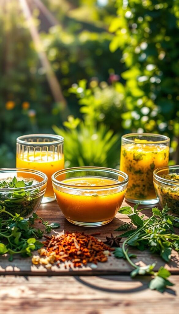 A vibrant display of spring marinades, set against a backdrop of lush greenery. In the foreground, an array of glass bowls brimming with aromatic concoctions - ginger-soy, turmeric-yogurt, and chimichurri. Sunlight filters through the scene, casting a warm, golden glow. In the middle ground, fresh herbs and spices are strewn across a rustic wooden table, hinting at the flavorful ingredients. The background features a verdant garden, with soft, blurred foliage creating a sense of depth and tranquility. The overall mood is one of culinary exploration and the bounty of the spring season. A vibrant display of spring marinades, set against a backdrop of lush greenery. In the foreground, an array of glass bowls brimming with aromatic concoctions - ginger-soy, turmeric-yogurt, and chimichurri. Sunlight filters through the scene, casting a warm, golden glow. In the middle ground, fresh herbs and spices are strewn across a rustic wooden table, hinting at the flavorful ingredients. The background features a verdant garden, with soft, blurred foliage creating a sense of depth and tranquility. The overall mood is one of culinary exploration and the bounty of the spring season.