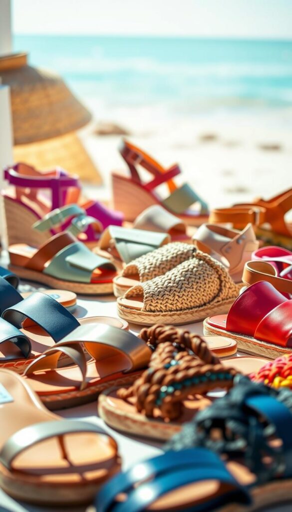 A vibrant display of summer footwear, captured in a bright, natural light setting. In the foreground, a collection of artfully arranged sandals, showcasing a range of styles - from sleek leather slides to intricate braided espadrilles. The middle ground features a variety of espadrille wedges, their neutral tones complementing the vibrant hues of the sandals. In the background, a soft, blurred beach scene, hinting at the casual, carefree atmosphere of the summer season. The overall composition emphasizes the versatility and fashion-forward nature of these essential warm-weather accessories, inviting the viewer to envision pairing them with their favorite summer outfits. A vibrant display of summer footwear, captured in a bright, natural light setting. In the foreground, a collection of artfully arranged sandals, showcasing a range of styles - from sleek leather slides to intricate braided espadrilles. The middle ground features a variety of espadrille wedges, their neutral tones complementing the vibrant hues of the sandals. In the background, a soft, blurred beach scene, hinting at the casual, carefree atmosphere of the summer season. The overall composition emphasizes the versatility and fashion-forward nature of these essential warm-weather accessories, inviting the viewer to envision pairing them with their favorite summer outfits.