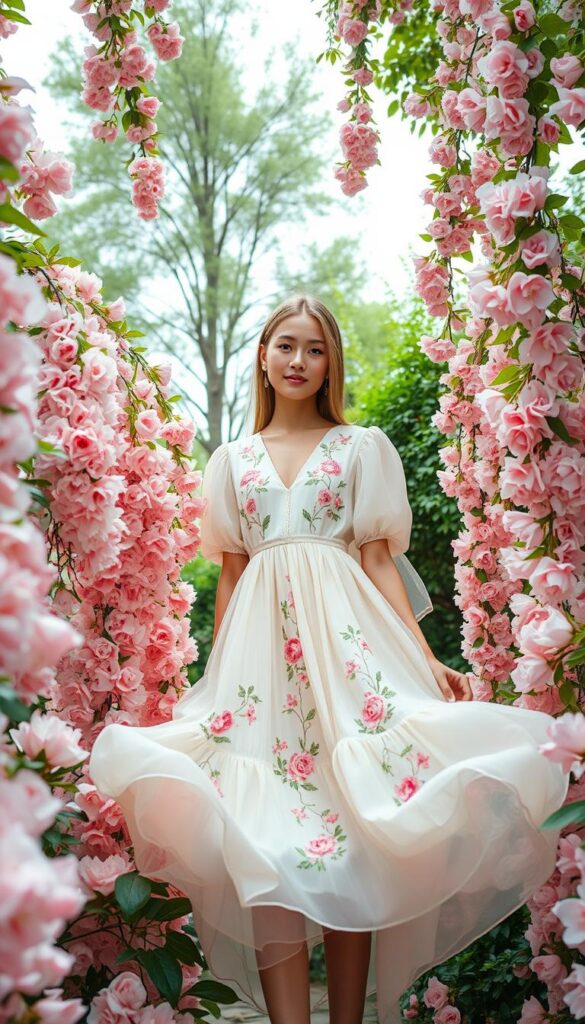 A vibrant fashion spread showcasing the latest spring trends, centered around a lush, blooming floral pattern. The foreground features a flowing, ethereal dress in a delicate pastel palette, accented with intricate botanical embroidery. The middle ground depicts a graceful model posing amid a cascade of delicate petals, her expression radiating a sense of youthful vitality. The background immerses the scene in a soft, diffused natural light, hinting at the season's renewal with verdant foliage and a picturesque garden setting. Captured with a wide-angle lens to convey a sense of depth and atmosphere, this image embodies the essence of springtime's floral fashion renaissance. A vibrant fashion spread showcasing the latest spring trends, centered around a lush, blooming floral pattern. The foreground features a flowing, ethereal dress in a delicate pastel palette, accented with intricate botanical embroidery. The middle ground depicts a graceful model posing amid a cascade of delicate petals, her expression radiating a sense of youthful vitality. The background immerses the scene in a soft, diffused natural light, hinting at the season's renewal with verdant foliage and a picturesque garden setting. Captured with a wide-angle lens to convey a sense of depth and atmosphere, this image embodies the essence of springtime's floral fashion renaissance.