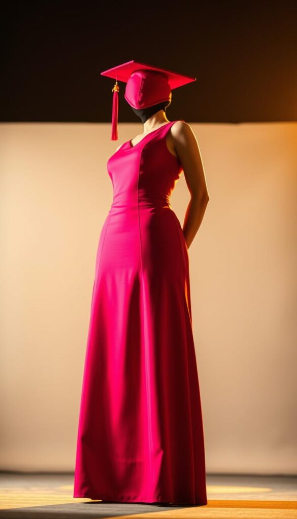 A vibrant, form-fitting graduation dress in a bold, saturated color fills the foreground, its sleek silhouette accentuated by dramatic lighting that casts deep shadows and highlights the intricate textures of the fabric. The dress stands out against a softly blurred, minimalist background, creating a sense of focus and emphasis on the garment. The lighting is a warm, golden hue, conveying a celebratory, confident atmosphere befitting a graduation ceremony. The dress is captured from a slightly low angle, giving it an empowered, statuesque presence, ready to steal the stage. A vibrant, form-fitting graduation dress in a bold, saturated color fills the foreground, its sleek silhouette accentuated by dramatic lighting that casts deep shadows and highlights the intricate textures of the fabric. The dress stands out against a softly blurred, minimalist background, creating a sense of focus and emphasis on the garment. The lighting is a warm, golden hue, conveying a celebratory, confident atmosphere befitting a graduation ceremony. The dress is captured from a slightly low angle, giving it an empowered, statuesque presence, ready to steal the stage.