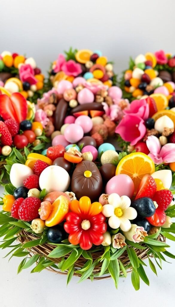 A vibrant, mouthwatering arrangement of edible Easter wreaths, crafted with an assortment of colorful, fresh fruits and candies. In the foreground, a circular base of verdant, life-like leaves and twigs serves as the foundation, upon which a captivating array of juicy berries, succulent citrus slices, and delightful pastel-hued meringues are delicately arranged. The middle ground features a harmonious blend of textured, artisanal chocolates, delicate flower petals, and glistening, jewel-toned jellies, all carefully positioned to create a visually enticing and appetizing display. The background is softly lit, highlighting the vibrant colors and natural, organic shapes of the edible elements, evoking a sense of springtime and the joy of Easter. A vibrant, mouthwatering arrangement of edible Easter wreaths, crafted with an assortment of colorful, fresh fruits and candies. In the foreground, a circular base of verdant, life-like leaves and twigs serves as the foundation, upon which a captivating array of juicy berries, succulent citrus slices, and delightful pastel-hued meringues are delicately arranged. The middle ground features a harmonious blend of textured, artisanal chocolates, delicate flower petals, and glistening, jewel-toned jellies, all carefully positioned to create a visually enticing and appetizing display. The background is softly lit, highlighting the vibrant colors and natural, organic shapes of the edible elements, evoking a sense of springtime and the joy of Easter.