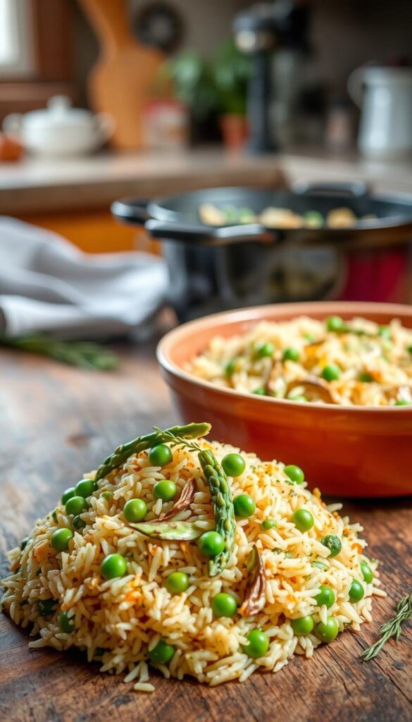 A vibrant one-pot rice dish, steaming with aromatic herbs and tender vegetables, sits atop a rustic wooden table. The foreground features a hearty serving of the rice, garnished with fresh peas, asparagus, and a drizzle of olive oil. In the middle ground, a cast-iron pot rests nearby, its contents still simmering. The background is softly blurred, hinting at a warm, cozy kitchen setting with natural light filtering in through a window. The overall scene exudes a sense of wholesome, homemade comfort, perfectly capturing the essence of a simple, yet satisfying one-pot spring meal. A vibrant one-pot rice dish, steaming with aromatic herbs and tender vegetables, sits atop a rustic wooden table. The foreground features a hearty serving of the rice, garnished with fresh peas, asparagus, and a drizzle of olive oil. In the middle ground, a cast-iron pot rests nearby, its contents still simmering. The background is softly blurred, hinting at a warm, cozy kitchen setting with natural light filtering in through a window. The overall scene exudes a sense of wholesome, homemade comfort, perfectly capturing the essence of a simple, yet satisfying one-pot spring meal.