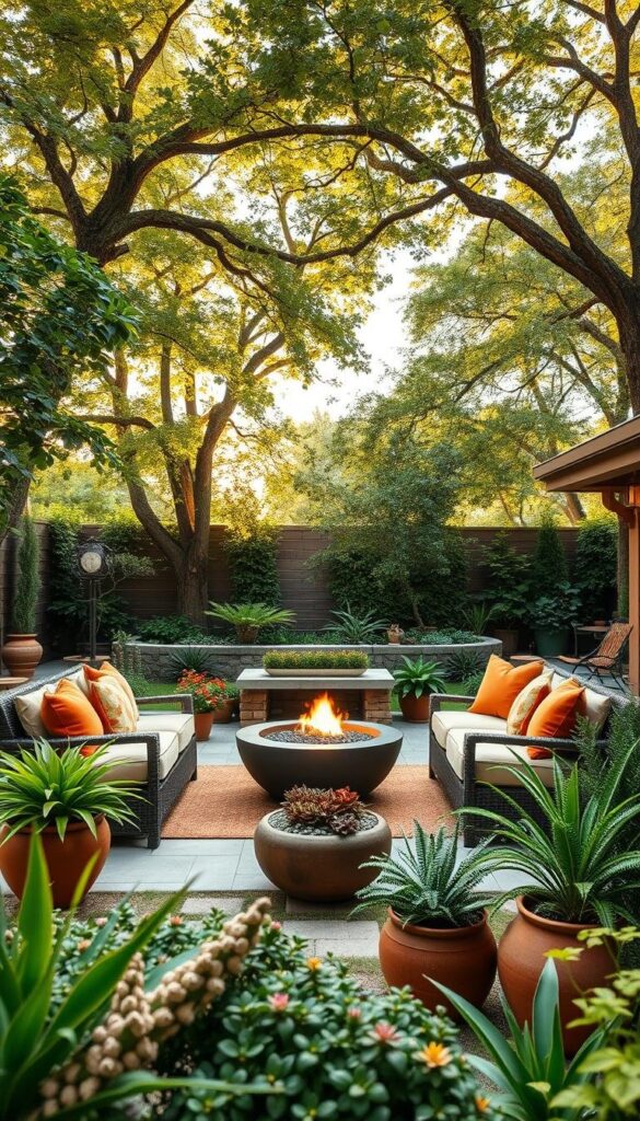 A vibrant outdoor oasis with a lush, well-manicured backyard. In the foreground, a harmonious color palette of earthy tones and natural textures - warm browns, burnt oranges, and muted greens create a cozy, inviting atmosphere. In the middle ground, a stylish patio setup with plush seating, lush potted plants, and a modern fire pit that casts a gentle glow. The background features a verdant canopy of mature trees, casting dappled light across the scene. The overall mood is one of relaxation and sophisticated outdoor living, perfect for year-round comfort and enjoyment. A vibrant outdoor oasis with a lush, well-manicured backyard. In the foreground, a harmonious color palette of earthy tones and natural textures - warm browns, burnt oranges, and muted greens create a cozy, inviting atmosphere. In the middle ground, a stylish patio setup with plush seating, lush potted plants, and a modern fire pit that casts a gentle glow. The background features a verdant canopy of mature trees, casting dappled light across the scene. The overall mood is one of relaxation and sophisticated outdoor living, perfect for year-round comfort and enjoyment.