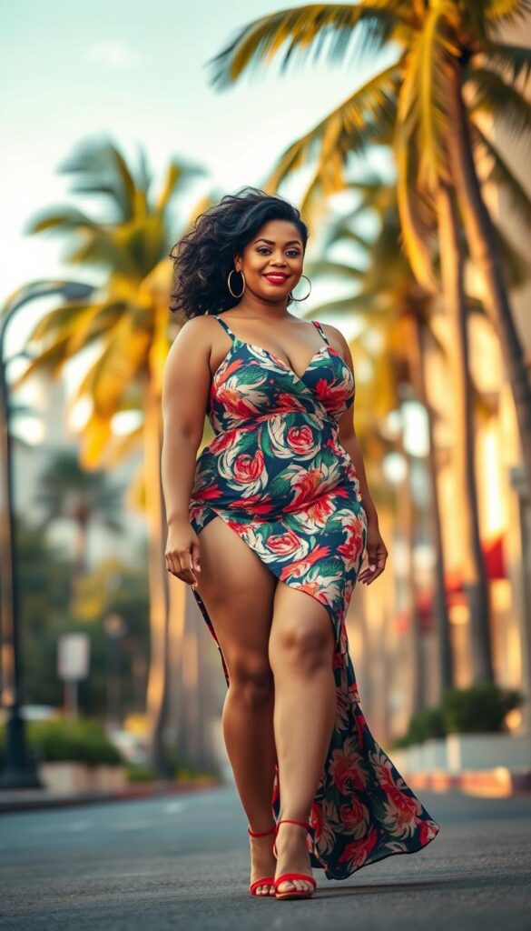 A vibrant plus-size baddie strutting down a sun-drenched city street, wearing a bold printed sundress with a daring thigh-high slit. Hoop earrings catch the light as she confidently sways her hips, a bright red lip and flyaway curls framing her face. In the background, a lush tropical landscape with swaying palm trees sets the perfect summer mood. Warm golden hour lighting casts a flattering glow, accentuating her curves. Captured at a slightly low angle, the image emphasizes her powerful, unapologetic presence. A vibrant plus-size baddie strutting down a sun-drenched city street, wearing a bold printed sundress with a daring thigh-high slit. Hoop earrings catch the light as she confidently sways her hips, a bright red lip and flyaway curls framing her face. In the background, a lush tropical landscape with swaying palm trees sets the perfect summer mood. Warm golden hour lighting casts a flattering glow, accentuating her curves. Captured at a slightly low angle, the image emphasizes her powerful, unapologetic presence.