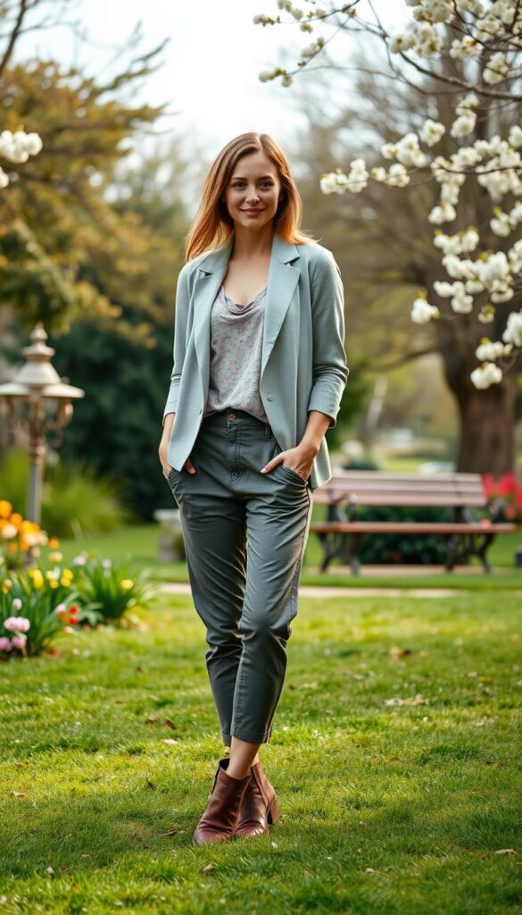 A vibrant springtime scene with a woman standing in a park or garden, dressed in a layered transitional weather outfit. The foreground features the model wearing a light blazer or cardigan over a casual top, paired with cropped trousers and ankle boots. Her outfit showcases a mix of springtime textures and colors, perhaps with floral or pastel accents. The middle ground includes lush greenery, blooming flowers, and a hint of a path or bench, creating a picturesque backdrop. Soft, diffused natural lighting filters through the scene, casting gentle shadows and highlights that enhance the springtime ambiance. The overall mood is one of freshness, ease, and the excitement of the changing seasons. A vibrant springtime scene with a woman standing in a park or garden, dressed in a layered transitional weather outfit. The foreground features the model wearing a light blazer or cardigan over a casual top, paired with cropped trousers and ankle boots. Her outfit showcases a mix of springtime textures and colors, perhaps with floral or pastel accents. The middle ground includes lush greenery, blooming flowers, and a hint of a path or bench, creating a picturesque backdrop. Soft, diffused natural lighting filters through the scene, casting gentle shadows and highlights that enhance the springtime ambiance. The overall mood is one of freshness, ease, and the excitement of the changing seasons.