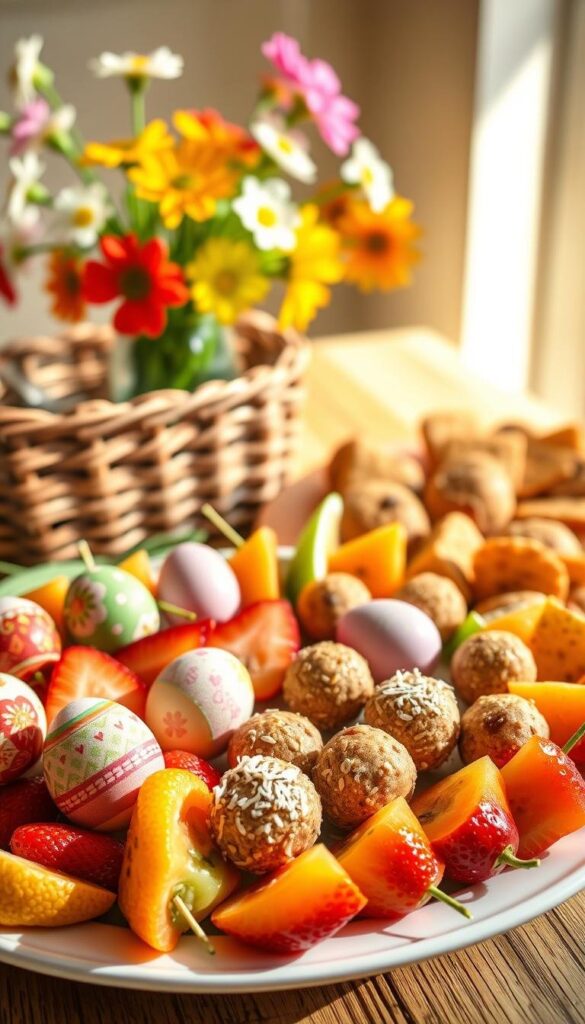 A vibrant still life, bathed in warm natural lighting, showcasing a variety of healthy Easter treats. In the foreground, a platter adorned with colorful hard-boiled eggs, their shells decorated with intricate patterns and pastel hues. Surrounding them, an assortment of fresh fruit skewers, like juicy strawberries, kiwi slices, and vibrant orange wedges. In the middle ground, a mix of homemade energy bites, their exteriors flecked with shredded coconut and chopped nuts. In the background, a woven basket overflows with bite-sized carrot muffins and whole-grain crackers, complemented by a vase of blooming spring flowers. The overall scene exudes a sense of springtime freshness and wholesome goodness. A vibrant still life, bathed in warm natural lighting, showcasing a variety of healthy Easter treats. In the foreground, a platter adorned with colorful hard-boiled eggs, their shells decorated with intricate patterns and pastel hues. Surrounding them, an assortment of fresh fruit skewers, like juicy strawberries, kiwi slices, and vibrant orange wedges. In the middle ground, a mix of homemade energy bites, their exteriors flecked with shredded coconut and chopped nuts. In the background, a woven basket overflows with bite-sized carrot muffins and whole-grain crackers, complemented by a vase of blooming spring flowers. The overall scene exudes a sense of springtime freshness and wholesome goodness.
