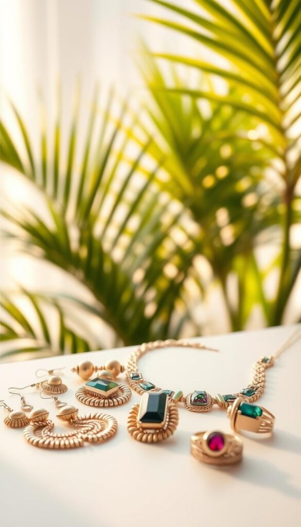 A vibrant still life capturing a curated collection of statement jewelry pieces against a soft, light-filled background. In the foreground, a mix of bold earrings, chunky necklaces, and oversized rings in a range of metallic tones and gemstone hues are elegantly arranged on a clean, minimal surface. The middle ground features lush, tropical greenery and a diffused, golden hour lighting that casts a warm, summery glow. The overall composition exudes a sense of effortless elegance, highlighting how these bold, eye-catching accessories can elevate any summer outfit. A vibrant still life capturing a curated collection of statement jewelry pieces against a soft, light-filled background. In the foreground, a mix of bold earrings, chunky necklaces, and oversized rings in a range of metallic tones and gemstone hues are elegantly arranged on a clean, minimal surface. The middle ground features lush, tropical greenery and a diffused, golden hour lighting that casts a warm, summery glow. The overall composition exudes a sense of effortless elegance, highlighting how these bold, eye-catching accessories can elevate any summer outfit.