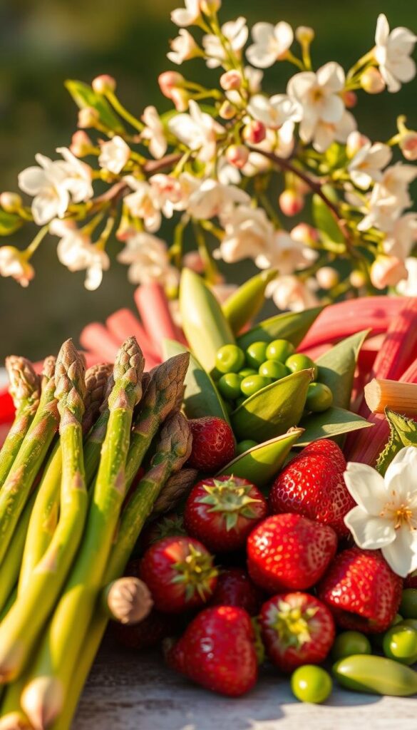 A vibrant still life of spring's seasonal bounty, bathed in warm, golden light. In the foreground, a cluster of fresh asparagus spears, their verdant hues complemented by the delicate pinks of rhubarb stalks. Nestled among them, a scattering of plump, juicy strawberries, their glistening surfaces hinting at the sweet-tart flavor within. In the middle ground, a handful of tender pea pods, their emerald pods slightly opened to reveal the jewel-like peas inside. In the background, a lush, blossoming branch of cherry or apple, its pastel flowers adding a touch of whimsy and the promise of spring's renewal. A vibrant still life of spring's seasonal bounty, bathed in warm, golden light. In the foreground, a cluster of fresh asparagus spears, their verdant hues complemented by the delicate pinks of rhubarb stalks. Nestled among them, a scattering of plump, juicy strawberries, their glistening surfaces hinting at the sweet-tart flavor within. In the middle ground, a handful of tender pea pods, their emerald pods slightly opened to reveal the jewel-like peas inside. In the background, a lush, blossoming branch of cherry or apple, its pastel flowers adding a touch of whimsy and the promise of spring's renewal.