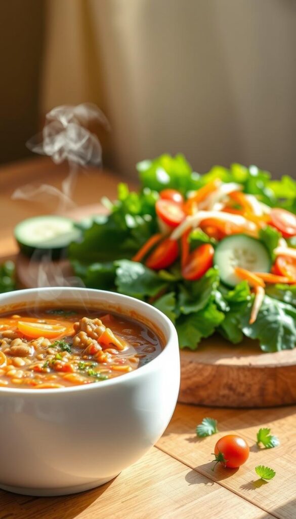 A vibrant still life setting featuring a simple soup and salad combo. In the foreground, a white ceramic bowl filled with a hearty vegetable or lentil soup, steam rising gently. Beside it, a colorful salad of mixed greens, sliced cucumber, cherry tomatoes, and shredded carrots, arranged neatly on a wooden board. Warm, natural light filters in from the side, casting soft shadows and highlighting the textures of the fresh ingredients. The overall mood is one of simplicity, nourishment, and the comforting delights of a homemade, budget-friendly springtime meal. A vibrant still life setting featuring a simple soup and salad combo. In the foreground, a white ceramic bowl filled with a hearty vegetable or lentil soup, steam rising gently. Beside it, a colorful salad of mixed greens, sliced cucumber, cherry tomatoes, and shredded carrots, arranged neatly on a wooden board. Warm, natural light filters in from the side, casting soft shadows and highlighting the textures of the fresh ingredients. The overall mood is one of simplicity, nourishment, and the comforting delights of a homemade, budget-friendly springtime meal.