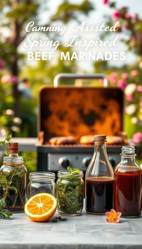 A vibrant still life showcasing an array of spring-inspired beef marinades against a soft, ethereal background. In the foreground, glass jars and bottles filled with aromatic ingredients like fresh herbs, citrus zest, and balsamic vinegar. Blurred in the middle ground, a sizzling grill casting warm, golden light on the scene. In the background, a lush, verdant garden - verdant greens, blossoming flowers, and a hint of a boundless blue sky. The overall mood is one of freshness, vitality, and the promise of sumptuous, flavorful grilled beef. A vibrant still life showcasing an array of spring-inspired beef marinades against a soft, ethereal background. In the foreground, glass jars and bottles filled with aromatic ingredients like fresh herbs, citrus zest, and balsamic vinegar. Blurred in the middle ground, a sizzling grill casting warm, golden light on the scene. In the background, a lush, verdant garden - verdant greens, blossoming flowers, and a hint of a boundless blue sky. The overall mood is one of freshness, vitality, and the promise of sumptuous, flavorful grilled beef.