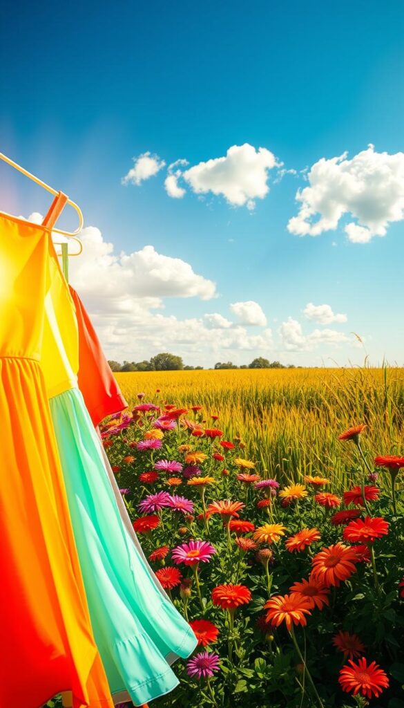 A vibrant summer landscape, bathed in warm golden light and radiant hues. In the foreground, a colorful array of sundresses, tank tops, and shorts in shades of coral, turquoise, and sunny yellow cascade across the frame, casting a cheerful glow. The middle ground features a lush, verdant garden bursting with blooming flowers - fuchsias, marigolds, and zinnias - that sway gently in a light breeze. The background showcases a clear azure sky, dotted with fluffy white clouds, and a sun-dappled field of tall grasses. The overall scene exudes a sense of boundless energy and joy, evoking the uplifting mood of a carefree summer day. A vibrant summer landscape, bathed in warm golden light and radiant hues. In the foreground, a colorful array of sundresses, tank tops, and shorts in shades of coral, turquoise, and sunny yellow cascade across the frame, casting a cheerful glow. The middle ground features a lush, verdant garden bursting with blooming flowers - fuchsias, marigolds, and zinnias - that sway gently in a light breeze. The background showcases a clear azure sky, dotted with fluffy white clouds, and a sun-dappled field of tall grasses. The overall scene exudes a sense of boundless energy and joy, evoking the uplifting mood of a carefree summer day.