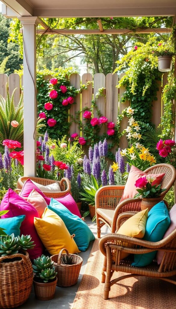A vibrant, sun-drenched outdoor scene, brimming with lush greenery and an abundance of colorful decor elements. In the foreground, a cozy porch adorned with an array of plush pillows in vivid hues of fuchsia, turquoise, and sunshine yellow. Woven baskets, potted succulents, and an inviting wicker chair add texture and warmth. The middle ground features a flourishing garden, its blooming flowers casting a kaleidoscope of colors - crimson red roses, lavender, and cheerful daffodils. In the background, a picturesque wooden fence is draped with cascading vines, creating a sense of lush, natural enclosure. Soft, diffused lighting filters through the scene, imbuing the entire composition with a vibrant, summer-inspired ambiance. A vibrant, sun-drenched outdoor scene, brimming with lush greenery and an abundance of colorful decor elements. In the foreground, a cozy porch adorned with an array of plush pillows in vivid hues of fuchsia, turquoise, and sunshine yellow. Woven baskets, potted succulents, and an inviting wicker chair add texture and warmth. The middle ground features a flourishing garden, its blooming flowers casting a kaleidoscope of colors - crimson red roses, lavender, and cheerful daffodils. In the background, a picturesque wooden fence is draped with cascading vines, creating a sense of lush, natural enclosure. Soft, diffused lighting filters through the scene, imbuing the entire composition with a vibrant, summer-inspired ambiance.