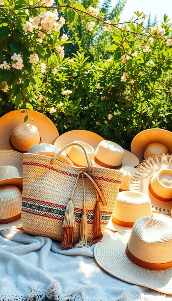 A vibrant, sun-drenched outdoor scene featuring a variety of straw accessories in a bohemian, summer-inspired style. In the foreground, a woven straw tote bag with intricate patterns and tassels sits atop a plush, neutral-toned blanket. Surrounding it, an assortment of straw hats, visors, and wide-brimmed sun hats in natural tan and ivory tones. In the middle ground, lush, verdant foliage frames the scene, with delicate flowers and leafy vines cascading around the accessories. The lighting is warm and golden, creating a soft, dreamy atmosphere that captures the essence of a carefree, summer day. The overall composition is balanced and visually appealing, showcasing the perfect summer accessories to elevate a simple outfit. A vibrant, sun-drenched outdoor scene featuring a variety of straw accessories in a bohemian, summer-inspired style. In the foreground, a woven straw tote bag with intricate patterns and tassels sits atop a plush, neutral-toned blanket. Surrounding it, an assortment of straw hats, visors, and wide-brimmed sun hats in natural tan and ivory tones. In the middle ground, lush, verdant foliage frames the scene, with delicate flowers and leafy vines cascading around the accessories. The lighting is warm and golden, creating a soft, dreamy atmosphere that captures the essence of a carefree, summer day. The overall composition is balanced and visually appealing, showcasing the perfect summer accessories to elevate a simple outfit.