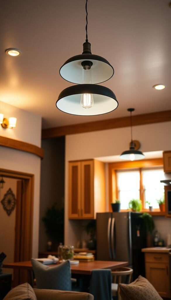 A warm and inviting home interior with various lighting fixtures, including a statement overhead pendant light, wall sconces, and task lighting over a kitchen counter. The space features natural wood accents, a mix of modern and traditional furnishings, and plenty of ambient light creating a cozy and welcoming atmosphere. The scene is photographed from a low angle, emphasizing the layered lighting and creating a sense of depth and dimension. The overall mood is one of comfort, relaxation, and inspiration for small-scale home renovations. A warm and inviting home interior with various lighting fixtures, including a statement overhead pendant light, wall sconces, and task lighting over a kitchen counter. The space features natural wood accents, a mix of modern and traditional furnishings, and plenty of ambient light creating a cozy and welcoming atmosphere. The scene is photographed from a low angle, emphasizing the layered lighting and creating a sense of depth and dimension. The overall mood is one of comfort, relaxation, and inspiration for small-scale home renovations.