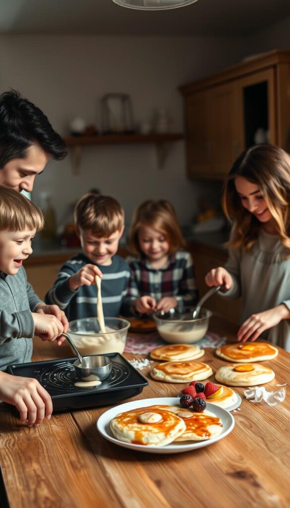 A warm, cozy kitchen filled with the aroma of freshly-poured batter. A family of four - parents, a young boy, and a girl - gathered around a large wooden table, collaboratively mixing ingredients, pouring the batter onto a hot griddle, and carefully flipping golden-brown pancakes. Soft, diffused lighting casts a gentle glow, highlighting the joy and togetherness of the shared experience. The parents guide their children's hands, teaching them the techniques, while the kids beam with excitement, eager to participate. A plate of fluffy pancakes, topped with fresh berries and a drizzle of maple syrup, sits at the center, inviting all to indulge in the delicious result of their collaborative efforts. A warm, cozy kitchen filled with the aroma of freshly-poured batter. A family of four - parents, a young boy, and a girl - gathered around a large wooden table, collaboratively mixing ingredients, pouring the batter onto a hot griddle, and carefully flipping golden-brown pancakes. Soft, diffused lighting casts a gentle glow, highlighting the joy and togetherness of the shared experience. The parents guide their children's hands, teaching them the techniques, while the kids beam with excitement, eager to participate. A plate of fluffy pancakes, topped with fresh berries and a drizzle of maple syrup, sits at the center, inviting all to indulge in the delicious result of their collaborative efforts.