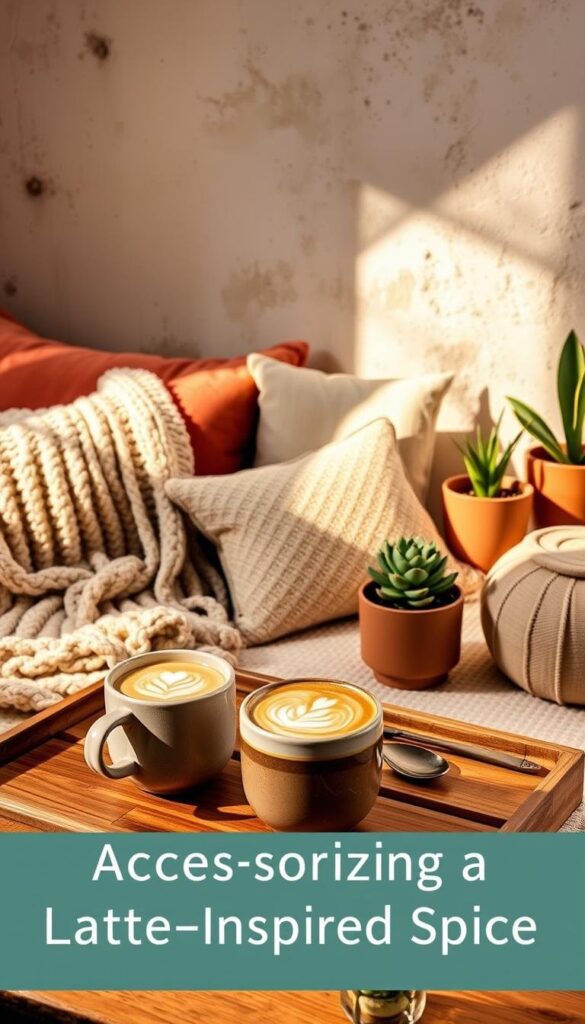 A warm, cozy latte-inspired home decor scene. In the foreground, a beautifully presented latte with delicate latte art sits atop a wooden tray, surrounded by stoneware mugs and spoons. The middle ground features a selection of warm-toned accessories like a knitted throw, plush pillows, and potted plants in earthy tones. The background showcases a rustic, beige-toned wall with subtle textures, creating a calming, inviting atmosphere. Natural lighting filters in, casting a soft, golden glow over the entire scene. The overall composition evokes a sense of comfort and relaxation, perfectly complementing the "Accessorizing a Latte-Inspired Space" section of the article. A warm, cozy latte-inspired home decor scene. In the foreground, a beautifully presented latte with delicate latte art sits atop a wooden tray, surrounded by stoneware mugs and spoons. The middle ground features a selection of warm-toned accessories like a knitted throw, plush pillows, and potted plants in earthy tones. The background showcases a rustic, beige-toned wall with subtle textures, creating a calming, inviting atmosphere. Natural lighting filters in, casting a soft, golden glow over the entire scene. The overall composition evokes a sense of comfort and relaxation, perfectly complementing the "Accessorizing a Latte-Inspired Space" section of the article.