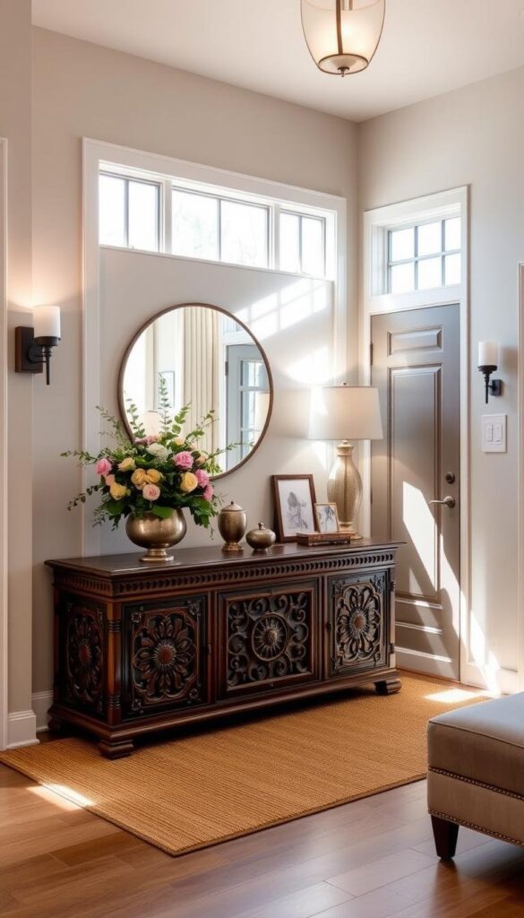 A warm, inviting foyer with natural light streaming through large windows, illuminating a tasteful entryway decor. A wooden console table with intricate carvings takes center stage, adorned with a lush floral arrangement and artfully placed decorative items. Beneath, a plush area rug in earthy tones grounds the space. The walls feature minimalist wall art and a strategically placed mirror that reflects the light, creating a sense of depth and openness. Subtle ambient lighting from table lamps and sconces casts a cozy glow, while a small bench or ottoman offers a welcoming seating area. The overall atmosphere exudes a harmonious blend of elegance and functionality, setting the tone for the rest of the home. A warm, inviting foyer with natural light streaming through large windows, illuminating a tasteful entryway decor. A wooden console table with intricate carvings takes center stage, adorned with a lush floral arrangement and artfully placed decorative items. Beneath, a plush area rug in earthy tones grounds the space. The walls feature minimalist wall art and a strategically placed mirror that reflects the light, creating a sense of depth and openness. Subtle ambient lighting from table lamps and sconces casts a cozy glow, while a small bench or ottoman offers a welcoming seating area. The overall atmosphere exudes a harmonious blend of elegance and functionality, setting the tone for the rest of the home.
