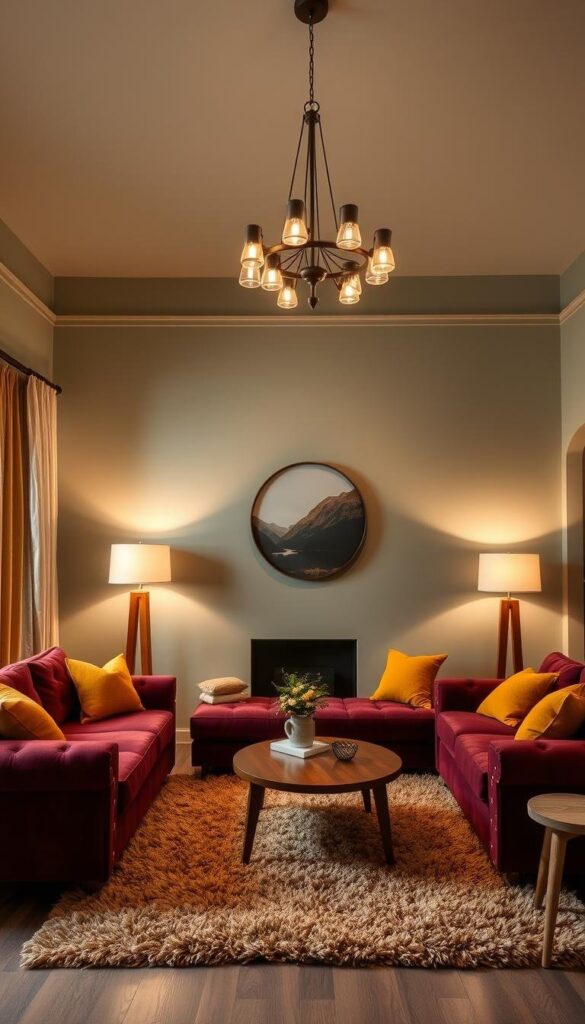 A warm, inviting living room with a cohesive color palette. The walls are painted in a soft, muted shade of sage green, complemented by plush, tufted sofas in a deep burgundy hue. Accent pillows in shades of ochre and mustard yellow add pops of color, while a cozy, shaggy area rug in earthy tones anchors the space. Wooden accents, such as a mid-century inspired coffee table and side tables, provide a natural contrast. Ambient lighting from floor lamps and a statement chandelier cast a gentle glow, creating a cozy and relaxing atmosphere. A warm, inviting living room with a cohesive color palette. The walls are painted in a soft, muted shade of sage green, complemented by plush, tufted sofas in a deep burgundy hue. Accent pillows in shades of ochre and mustard yellow add pops of color, while a cozy, shaggy area rug in earthy tones anchors the space. Wooden accents, such as a mid-century inspired coffee table and side tables, provide a natural contrast. Ambient lighting from floor lamps and a statement chandelier cast a gentle glow, creating a cozy and relaxing atmosphere.