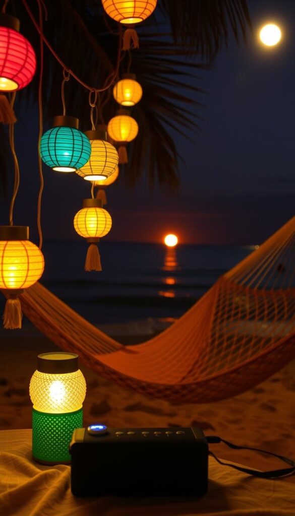 A warm, summer night by the beach. In the foreground, a colorful array of summer fun accessories - a glowing string of hanging lanterns, a portable Bluetooth speaker, and a pair of polarized sunglasses reflecting the moonlight. In the middle ground, a cozy hammock swaying gently, inviting relaxation. The background features a serene ocean view with a softly glowing horizon, bathed in a golden-orange sunset glow. The overall atmosphere is one of carefree, nighttime leisure - perfect for an evening of summer fun. A warm, summer night by the beach. In the foreground, a colorful array of summer fun accessories - a glowing string of hanging lanterns, a portable Bluetooth speaker, and a pair of polarized sunglasses reflecting the moonlight. In the middle ground, a cozy hammock swaying gently, inviting relaxation. The background features a serene ocean view with a softly glowing horizon, bathed in a golden-orange sunset glow. The overall atmosphere is one of carefree, nighttime leisure - perfect for an evening of summer fun.