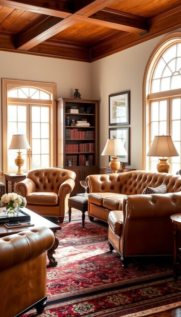 A well-appointed preppy-style living room, bathed in warm, natural lighting from large windows. Plush, button-tufted leather armchairs and a matching chesterfield sofa in a rich camel hue sit atop a traditional Persian rug. Antique brass lamps with cream shades and a large, ornate wooden coffee table complete the cozy, sophisticated scene. Framed botanical prints and a bookshelf filled with leather-bound volumes line the walls, evoking an air of refined elegance. The overall impression is one of timeless, tailored comfort and classic preppy style. A well-appointed preppy-style living room, bathed in warm, natural lighting from large windows. Plush, button-tufted leather armchairs and a matching chesterfield sofa in a rich camel hue sit atop a traditional Persian rug. Antique brass lamps with cream shades and a large, ornate wooden coffee table complete the cozy, sophisticated scene. Framed botanical prints and a bookshelf filled with leather-bound volumes line the walls, evoking an air of refined elegance. The overall impression is one of timeless, tailored comfort and classic preppy style.