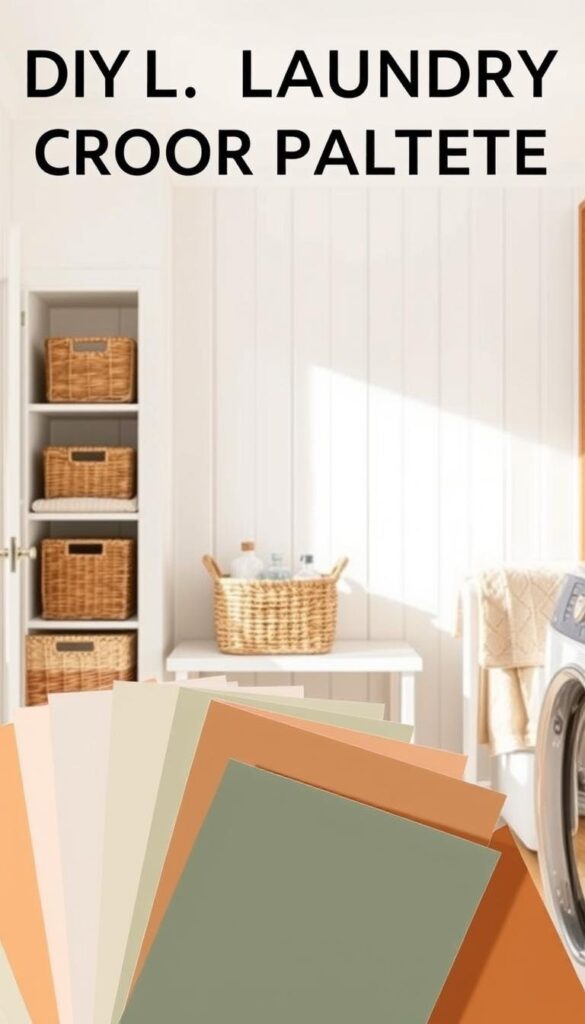 A well-curated DIY laundry room color palette with a warm, inviting atmosphere. In the foreground, an assortment of paint swatches in soothing earth tones - soft beige, muted sage, and gentle terracotta. In the middle ground, artfully arranged baskets, detergent bottles, and plush towels in complementary hues. The background features a clean, bright white wall with natural wood accents, creating a sense of airy, minimalist elegance. Softly diffused lighting casts a calming glow, highlighting the harmonious blend of colors and textures. The overall aesthetic evokes a spa-like, rejuvenating ambiance perfect for a functional yet stylish laundry room makeover. A well-curated DIY laundry room color palette with a warm, inviting atmosphere. In the foreground, an assortment of paint swatches in soothing earth tones - soft beige, muted sage, and gentle terracotta. In the middle ground, artfully arranged baskets, detergent bottles, and plush towels in complementary hues. The background features a clean, bright white wall with natural wood accents, creating a sense of airy, minimalist elegance. Softly diffused lighting casts a calming glow, highlighting the harmonious blend of colors and textures. The overall aesthetic evokes a spa-like, rejuvenating ambiance perfect for a functional yet stylish laundry room makeover.