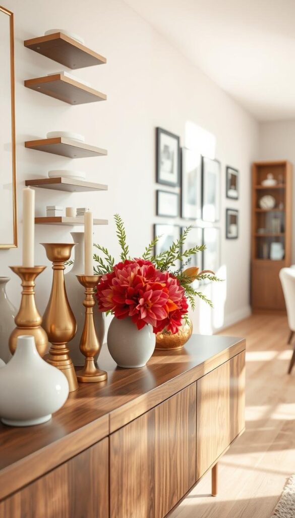 A well-curated collection of decorative accessories elegantly arranged on a sleek, wooden shelf. The foreground features an assortment of sculptural vases, polished brass candlesticks, and a vibrant floral arrangement that draws the eye. In the middle ground, a series of framed art prints and wall-mounted shelves add visual depth and layers of texture. The background is a minimalist, sun-dappled room with warm, soft lighting that creates a cozy, inviting atmosphere. The overall composition achieves a harmonious balance, seamlessly integrating the accessories to enhance and draw attention to the focal point. A well-curated collection of decorative accessories elegantly arranged on a sleek, wooden shelf. The foreground features an assortment of sculptural vases, polished brass candlesticks, and a vibrant floral arrangement that draws the eye. In the middle ground, a series of framed art prints and wall-mounted shelves add visual depth and layers of texture. The background is a minimalist, sun-dappled room with warm, soft lighting that creates a cozy, inviting atmosphere. The overall composition achieves a harmonious balance, seamlessly integrating the accessories to enhance and draw attention to the focal point.
