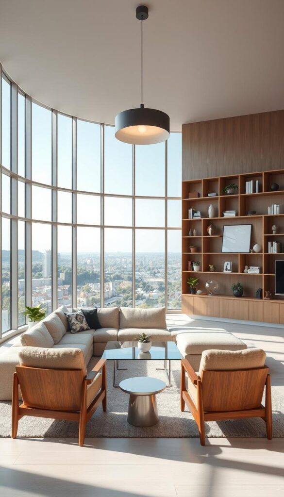 A well-designed, modern living room with a minimalist aesthetic. In the foreground, a plush, L-shaped sectional sofa in a neutral tone sits atop a sleek, glass-topped coffee table. Flanking the sofa, a pair of mid-century inspired armchairs in warm, natural wood tones. Overhead, a modern, statement pendant light casts a soft, ambient glow. In the middle ground, a large, floor-to-ceiling bookshelf in a muted, earthy color fills the back wall, punctuated by decorative accents and potted plants. The room is bathed in natural light, streaming through large, panoramic windows that offer a picturesque view of a lush, urban landscape in the background. The overall atmosphere is one of calm, sophistication, and harmonious balance. A well-designed, modern living room with a minimalist aesthetic. In the foreground, a plush, L-shaped sectional sofa in a neutral tone sits atop a sleek, glass-topped coffee table. Flanking the sofa, a pair of mid-century inspired armchairs in warm, natural wood tones. Overhead, a modern, statement pendant light casts a soft, ambient glow. In the middle ground, a large, floor-to-ceiling bookshelf in a muted, earthy color fills the back wall, punctuated by decorative accents and potted plants. The room is bathed in natural light, streaming through large, panoramic windows that offer a picturesque view of a lush, urban landscape in the background. The overall atmosphere is one of calm, sophistication, and harmonious balance.