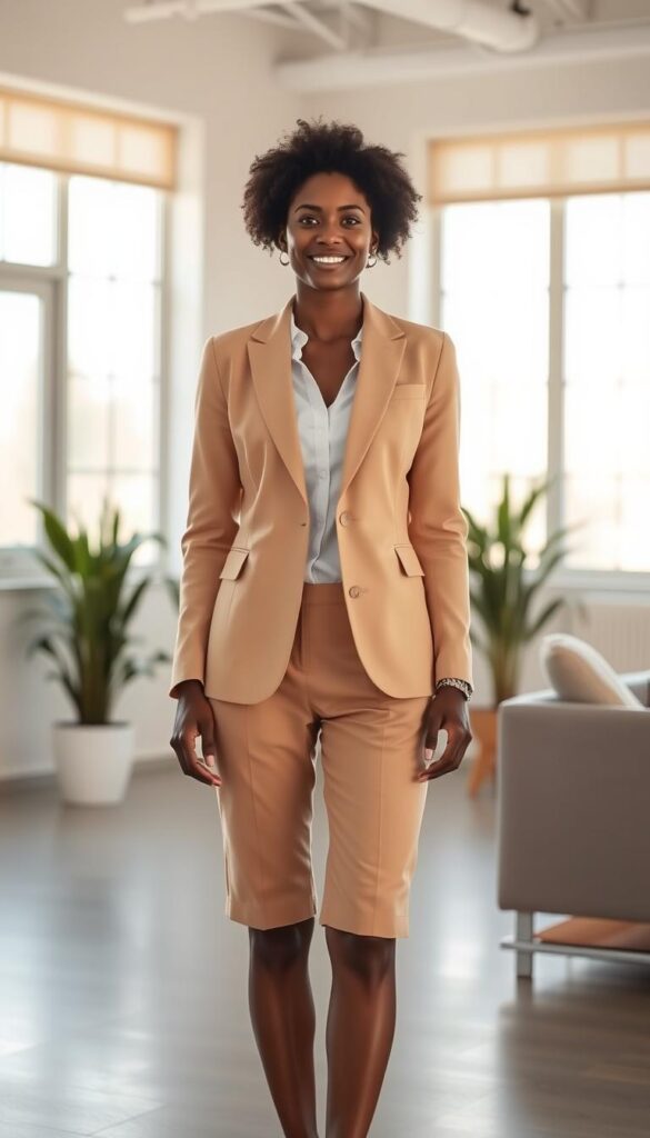 A well-dressed professional standing in a bright, airy office setting, wearing a lightweight, tailored blazer in a neutral tone paired with crisp, tailored shorts in a complementary color. The outfit is polished yet comfortable, suitable for a summer workday. Warm, natural lighting from large windows bathes the scene, creating a pleasant, inviting atmosphere. The person's posture is confident and poised, conveying a sense of effortless style. The background features minimalist decor, allowing the outfit to be the focal point. A well-dressed professional standing in a bright, airy office setting, wearing a lightweight, tailored blazer in a neutral tone paired with crisp, tailored shorts in a complementary color. The outfit is polished yet comfortable, suitable for a summer workday. Warm, natural lighting from large windows bathes the scene, creating a pleasant, inviting atmosphere. The person's posture is confident and poised, conveying a sense of effortless style. The background features minimalist decor, allowing the outfit to be the focal point.