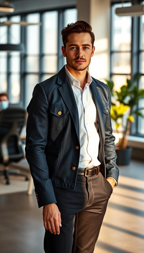 A well-dressed professional stands confidently in a modern office, wearing a tailored denim jacket over a crisp white shirt and slim-fit dark trousers. The jacket's deep indigo hue is complemented by subtle brass hardware, creating a sophisticated, yet casual aesthetic. Soft, indirect lighting from large windows casts a warm glow, accentuating the textural details of the denim. The subject's posture and expression convey an air of quiet authority, suggesting a polished, yet approachable personal style. The background features a minimalist, open-concept workspace with clean lines, neutral tones, and a touch of greenery, allowing the subject to take center stage. A well-dressed professional stands confidently in a modern office, wearing a tailored denim jacket over a crisp white shirt and slim-fit dark trousers. The jacket's deep indigo hue is complemented by subtle brass hardware, creating a sophisticated, yet casual aesthetic. Soft, indirect lighting from large windows casts a warm glow, accentuating the textural details of the denim. The subject's posture and expression convey an air of quiet authority, suggesting a polished, yet approachable personal style. The background features a minimalist, open-concept workspace with clean lines, neutral tones, and a touch of greenery, allowing the subject to take center stage.