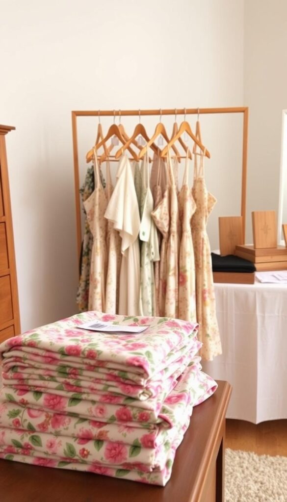 A well-lit, airy room with a wooden dresser and a neatly folded stack of floral dresses in the foreground. In the middle ground, a set of wooden hangers holding different styles of floral dresses, each with a care tag attached. In the background, a linen-covered table displays various storage accessories like garment bags, sweater shapers, and cedar blocks. The overall atmosphere conveys a sense of order, organization, and attention to detail in the care and preservation of a cherished floral dress collection. A well-lit, airy room with a wooden dresser and a neatly folded stack of floral dresses in the foreground. In the middle ground, a set of wooden hangers holding different styles of floral dresses, each with a care tag attached. In the background, a linen-covered table displays various storage accessories like garment bags, sweater shapers, and cedar blocks. The overall atmosphere conveys a sense of order, organization, and attention to detail in the care and preservation of a cherished floral dress collection.