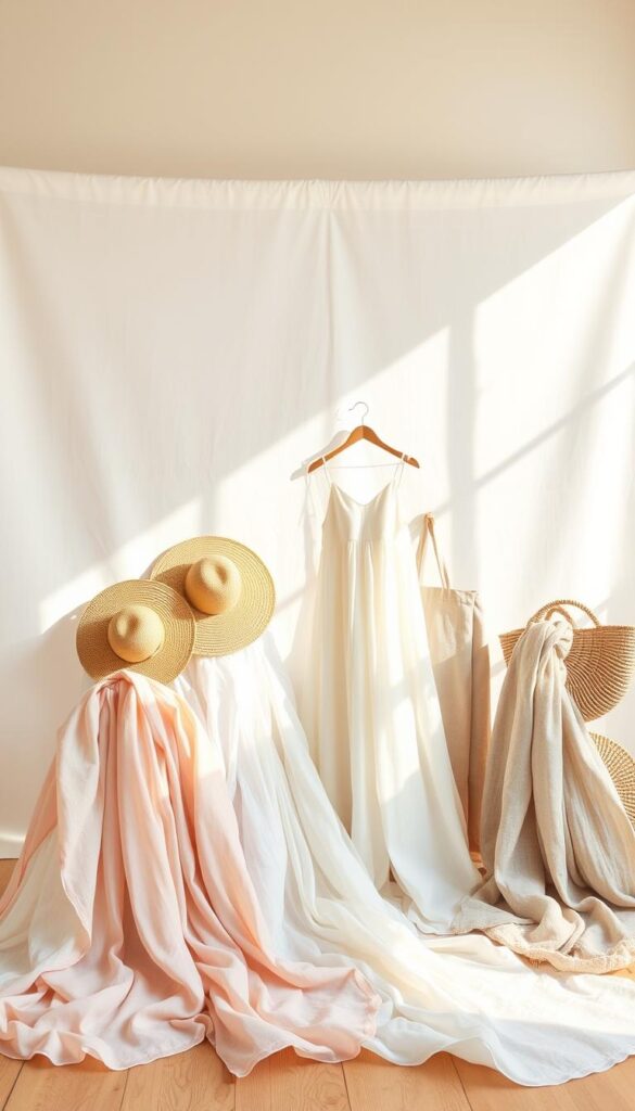 A well-lit, airy studio setting showcasing a variety of breathable, lightweight summer dress fabrics. The foreground features delicate chiffon, crisp linen, and breezy cotton in a range of pastel and neutral tones, artfully draped and arranged to highlight their soft, flowing textures. The middle ground includes a mix of accessories like straw hats, woven bags, and linen scarves that complement the fabrics. The background is a clean, minimalist backdrop, allowing the fabrics to take center stage. Soft, natural lighting filters in, creating a warm, summery ambiance that accentuates the sheen and movement of the materials. The overall composition conveys a sense of effortless style and the promise of carefree summer days. A well-lit, airy studio setting showcasing a variety of breathable, lightweight summer dress fabrics. The foreground features delicate chiffon, crisp linen, and breezy cotton in a range of pastel and neutral tones, artfully draped and arranged to highlight their soft, flowing textures. The middle ground includes a mix of accessories like straw hats, woven bags, and linen scarves that complement the fabrics. The background is a clean, minimalist backdrop, allowing the fabrics to take center stage. Soft, natural lighting filters in, creating a warm, summery ambiance that accentuates the sheen and movement of the materials. The overall composition conveys a sense of effortless style and the promise of carefree summer days.
