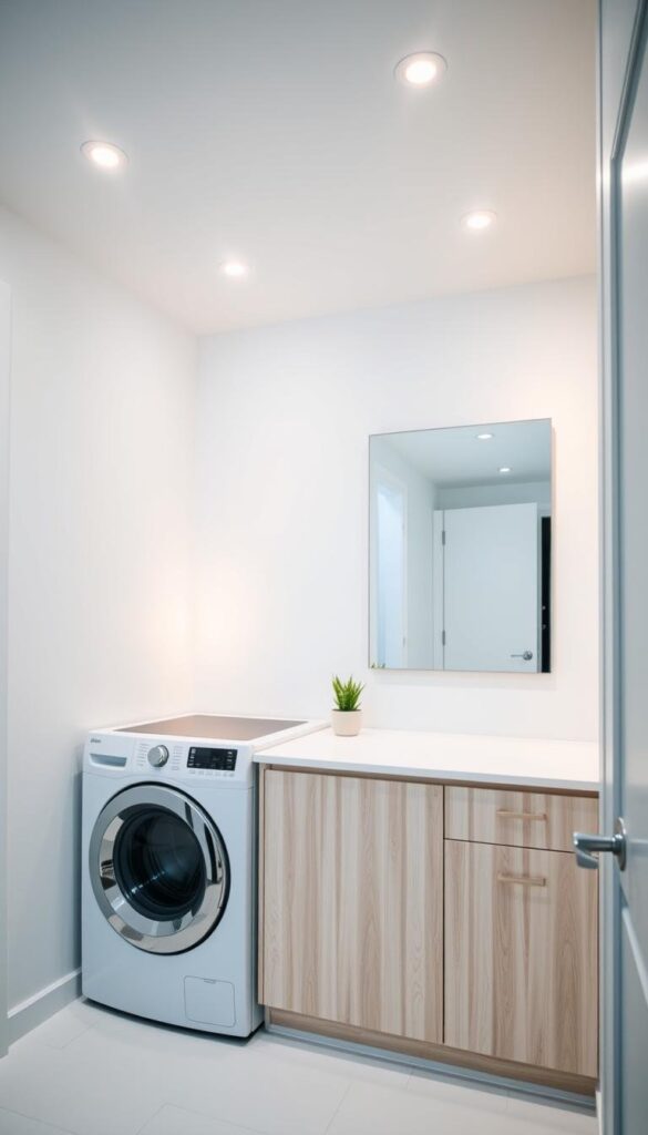A well-lit and organized laundry room with a modern, minimalist aesthetic. Soft, warm lighting from sleek, recessed ceiling fixtures casts a cozy glow across the crisp white walls and light wood cabinetry. Strategically placed task lighting above the washer and dryer illuminates the work area. Subtle sconces flank a large wall mirror, casting a flattering reflection. The overall atmosphere is bright, serene, and design-forward, inspiring productivity and a sense of calm. A well-lit and organized laundry room with a modern, minimalist aesthetic. Soft, warm lighting from sleek, recessed ceiling fixtures casts a cozy glow across the crisp white walls and light wood cabinetry. Strategically placed task lighting above the washer and dryer illuminates the work area. Subtle sconces flank a large wall mirror, casting a flattering reflection. The overall atmosphere is bright, serene, and design-forward, inspiring productivity and a sense of calm.