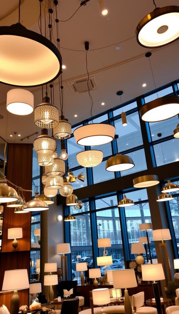 A well-lit and tastefully designed interior showcasing various lighting fixtures and types. The foreground features a mix of contemporary pendant lights, recessed ceiling lights, and wall-mounted sconces, all strategically placed to create a harmonious and balanced ambiance. The middle ground displays a variety of table lamps, floor lamps, and task lighting options, demonstrating their versatility and functionality. In the background, large windows allow for abundant natural light, complementing the artificial illumination and creating a warm, inviting atmosphere. The overall scene exudes a sense of elegant sophistication, with clean lines, rich textures, and a cohesive color palette that would inspire readers to explore their lighting design possibilities. A well-lit and tastefully designed interior showcasing various lighting fixtures and types. The foreground features a mix of contemporary pendant lights, recessed ceiling lights, and wall-mounted sconces, all strategically placed to create a harmonious and balanced ambiance. The middle ground displays a variety of table lamps, floor lamps, and task lighting options, demonstrating their versatility and functionality. In the background, large windows allow for abundant natural light, complementing the artificial illumination and creating a warm, inviting atmosphere. The overall scene exudes a sense of elegant sophistication, with clean lines, rich textures, and a cohesive color palette that would inspire readers to explore their lighting design possibilities.