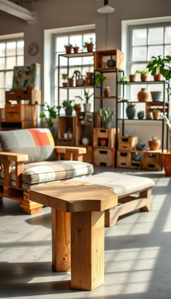 A well-lit, artfully arranged still life depicting a selection of DIY sustainable furniture ideas crafted from recycled materials. In the foreground, a minimalist wooden side table with a smooth, natural finish, its sturdy legs repurposed from reclaimed timber. Behind it, a cozy armchair upholstered in a patchwork of vintage fabrics, its frame built from salvaged pallets. In the middle ground, a rustic bookshelf fashioned from recycled crates and pipes, displaying an assortment of potted plants and decorative objects. The background showcases a bright, airy loft-style interior, with large windows bathing the scene in warm, diffused lighting. The overall mood is one of eco-conscious creativity, harmony, and a celebration of the beauty in repurposed materials. A well-lit, artfully arranged still life depicting a selection of DIY sustainable furniture ideas crafted from recycled materials. In the foreground, a minimalist wooden side table with a smooth, natural finish, its sturdy legs repurposed from reclaimed timber. Behind it, a cozy armchair upholstered in a patchwork of vintage fabrics, its frame built from salvaged pallets. In the middle ground, a rustic bookshelf fashioned from recycled crates and pipes, displaying an assortment of potted plants and decorative objects. The background showcases a bright, airy loft-style interior, with large windows bathing the scene in warm, diffused lighting. The overall mood is one of eco-conscious creativity, harmony, and a celebration of the beauty in repurposed materials.