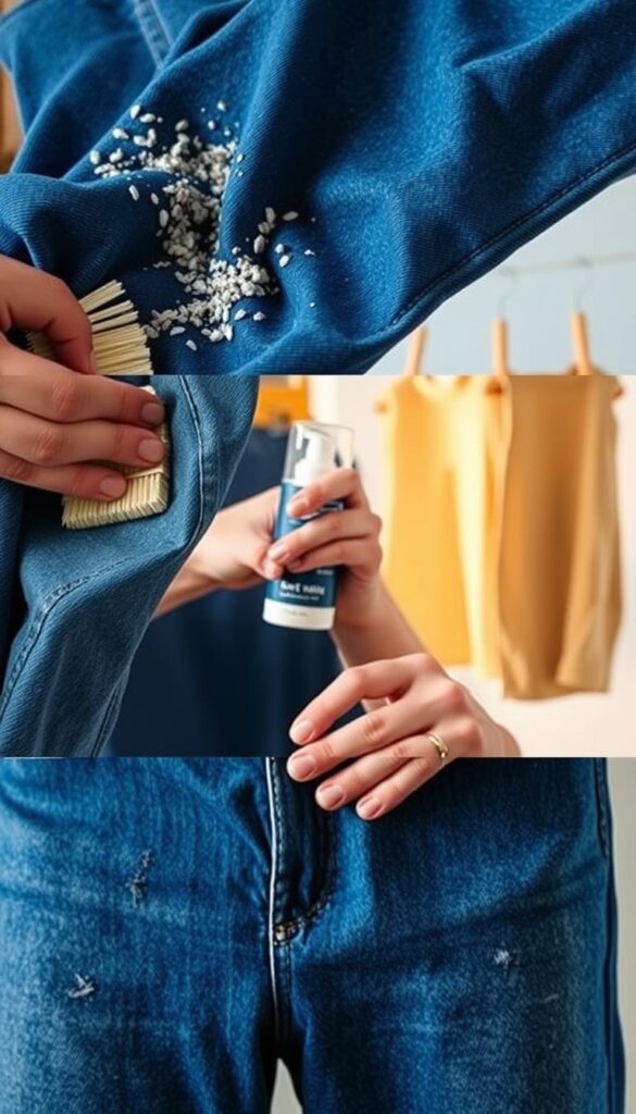 A well-lit, close-up shot of denim care techniques, showcasing a variety of actions performed on a pair of classic blue jeans. In the foreground, hands gently scrubbing the fabric with a soft-bristled brush, removing stains and dirt. In the middle ground, a person applying a specialized denim wash, massaging it into the material. In the background, a hanging clothesline with jeans air-drying, illuminated by warm, natural lighting. The overall scene conveys a sense of expertise and care, with a focus on extending the lifespan of a beloved pair of jeans. A well-lit, close-up shot of denim care techniques, showcasing a variety of actions performed on a pair of classic blue jeans. In the foreground, hands gently scrubbing the fabric with a soft-bristled brush, removing stains and dirt. In the middle ground, a person applying a specialized denim wash, massaging it into the material. In the background, a hanging clothesline with jeans air-drying, illuminated by warm, natural lighting. The overall scene conveys a sense of expertise and care, with a focus on extending the lifespan of a beloved pair of jeans.