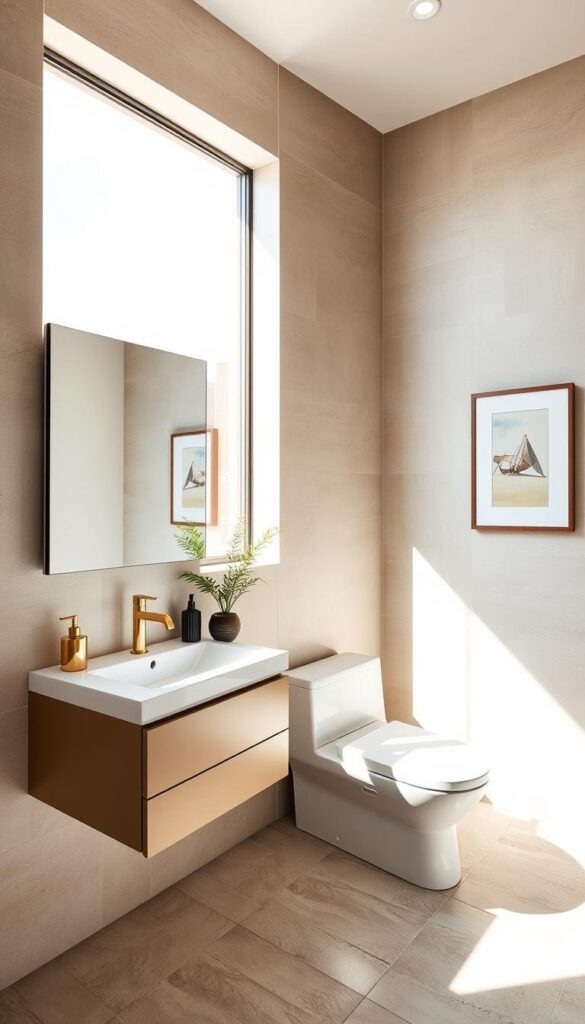 A well-lit, contemporary bathroom featuring a sleek, floating vanity with minimalist brass fixtures, a large mirror with recessed lighting, and a modern, low-profile toilet. The tiled floor is a mix of neutral-toned, rectangular tiles, creating a clean, cohesive look. Sunlight streams in through a large window, illuminating the space and highlighting the textured wall tiles in a soft, muted palette. Decorative details, such as a potted plant and a framed piece of art, add personality and a touch of luxury to the overall budget-friendly design. A well-lit, contemporary bathroom featuring a sleek, floating vanity with minimalist brass fixtures, a large mirror with recessed lighting, and a modern, low-profile toilet. The tiled floor is a mix of neutral-toned, rectangular tiles, creating a clean, cohesive look. Sunlight streams in through a large window, illuminating the space and highlighting the textured wall tiles in a soft, muted palette. Decorative details, such as a potted plant and a framed piece of art, add personality and a touch of luxury to the overall budget-friendly design.