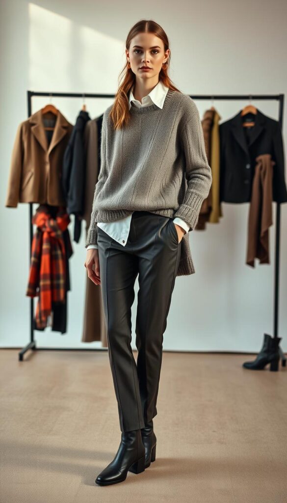 A well-lit fashion editorial showcasing the art of seasonal transition dressing. In the foreground, a stylish model stands in a neutral pose, dressed in a layered ensemble featuring a cozy sweater, crisp collared shirt, and tailored pants. The middle ground reveals a variety of garments and accessories like jackets, scarves, and boots, demonstrating how to mix and match pieces for versatile looks. The background depicts a minimalist studio setting with soft, natural lighting to accentuate the textures and colors of the clothing. The overall mood is one of sophistication and effortless elegance, capturing the essence of dressing for the in-between seasons. A well-lit fashion editorial showcasing the art of seasonal transition dressing. In the foreground, a stylish model stands in a neutral pose, dressed in a layered ensemble featuring a cozy sweater, crisp collared shirt, and tailored pants. The middle ground reveals a variety of garments and accessories like jackets, scarves, and boots, demonstrating how to mix and match pieces for versatile looks. The background depicts a minimalist studio setting with soft, natural lighting to accentuate the textures and colors of the clothing. The overall mood is one of sophistication and effortless elegance, capturing the essence of dressing for the in-between seasons.