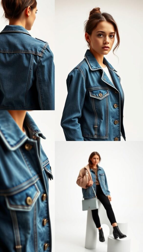 A well-lit fashion studio shot, showcasing a model wearing a stylish denim jacket. The jacket is seen from multiple angles, highlighting the tailoring details - the structured shoulders, the fitted waist, the classic collar, and the subtle distressing. In the foreground, accessories like buttons, zippers, and pockets are displayed, emphasizing the craftsmanship. In the middle ground, the model poses confidently, demonstrating how the jacket can be worn with different outfits. The background features a clean, minimalist setting with soft, directional lighting to accentuate the textures and hues of the denim. The overall mood is polished, aspirational, and intended to provide clear styling guidance. A well-lit fashion studio shot, showcasing a model wearing a stylish denim jacket. The jacket is seen from multiple angles, highlighting the tailoring details - the structured shoulders, the fitted waist, the classic collar, and the subtle distressing. In the foreground, accessories like buttons, zippers, and pockets are displayed, emphasizing the craftsmanship. In the middle ground, the model poses confidently, demonstrating how the jacket can be worn with different outfits. The background features a clean, minimalist setting with soft, directional lighting to accentuate the textures and hues of the denim. The overall mood is polished, aspirational, and intended to provide clear styling guidance.
