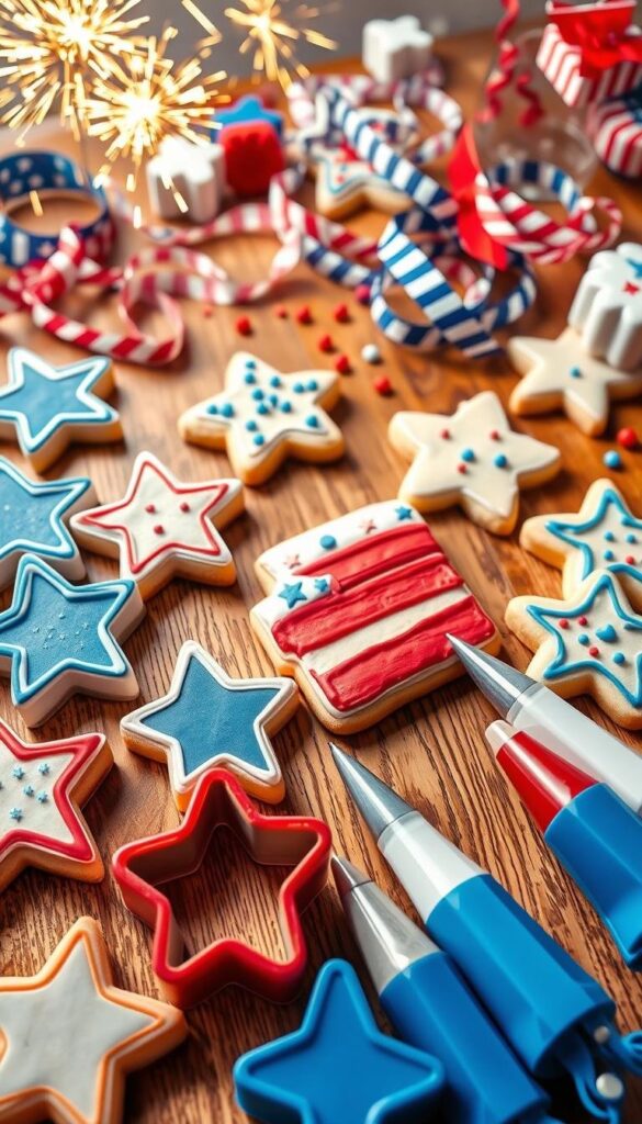 A well-lit, high-angle shot of a festive 4th of July cookie decorating scene. In the foreground, an array of patriotic-themed cookie cutters in star, stripe, and flag shapes. Beside them, an assortment of vibrant red, white, and blue icing piping bags, ready to add intricate designs. The middle ground features a wooden surface with freshly baked sugar cookies, some partially decorated with swirls, dots, and piped borders in the iconic colors. In the background, a mix of holiday-inspired props like sparklers, ribbon, and bunting create a celebratory atmosphere. The lighting is soft and diffuse, accentuating the textures and colors of the decorating tools and cookies. A well-lit, high-angle shot of a festive 4th of July cookie decorating scene. In the foreground, an array of patriotic-themed cookie cutters in star, stripe, and flag shapes. Beside them, an assortment of vibrant red, white, and blue icing piping bags, ready to add intricate designs. The middle ground features a wooden surface with freshly baked sugar cookies, some partially decorated with swirls, dots, and piped borders in the iconic colors. In the background, a mix of holiday-inspired props like sparklers, ribbon, and bunting create a celebratory atmosphere. The lighting is soft and diffuse, accentuating the textures and colors of the decorating tools and cookies.