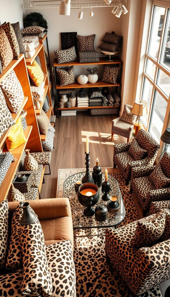 A well-lit, high-angle shot of a stylish home decor store interior. The foreground features an assortment of leopard print throw pillows, blankets, and other textiles elegantly displayed on wooden shelves. The middle ground showcases a variety of leopard print vases, candles, and decorative figurines arranged on a glass-topped coffee table. The background reveals a cozy, modern seating area with plush leopard print armchairs and a matching area rug, all bathed in warm, natural lighting from large windows. The overall atmosphere conveys a sense of luxurious, sophisticated style perfect for adding a touch of wild elegance to any living space. A well-lit, high-angle shot of a stylish home decor store interior. The foreground features an assortment of leopard print throw pillows, blankets, and other textiles elegantly displayed on wooden shelves. The middle ground showcases a variety of leopard print vases, candles, and decorative figurines arranged on a glass-topped coffee table. The background reveals a cozy, modern seating area with plush leopard print armchairs and a matching area rug, all bathed in warm, natural lighting from large windows. The overall atmosphere conveys a sense of luxurious, sophisticated style perfect for adding a touch of wild elegance to any living space.