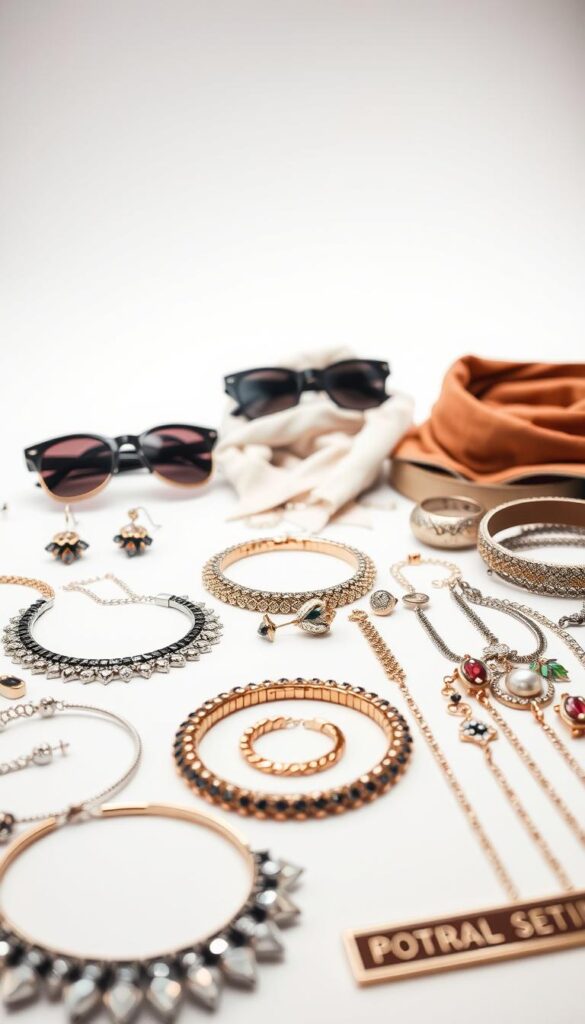 A well-lit, high-resolution close-up photograph of an artfully arranged display of fashion accessories on a white background. In the foreground, a variety of meticulously styled jewelry pieces, including elegant necklaces, bracelets, and earrings. In the middle ground, a collection of designer sunglasses, scarves, and belts, all expertly coordinated. The background features a subtle gradient, allowing the accessories to stand out prominently. The overall composition exudes a sense of chic, minimalist sophistication, showcasing the versatility and timeless appeal of these must-have styling essentials. A well-lit, high-resolution close-up photograph of an artfully arranged display of fashion accessories on a white background. In the foreground, a variety of meticulously styled jewelry pieces, including elegant necklaces, bracelets, and earrings. In the middle ground, a collection of designer sunglasses, scarves, and belts, all expertly coordinated. The background features a subtle gradient, allowing the accessories to stand out prominently. The overall composition exudes a sense of chic, minimalist sophistication, showcasing the versatility and timeless appeal of these must-have styling essentials.