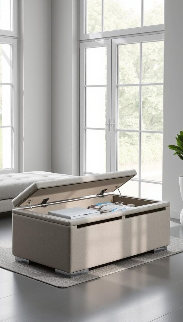 A well-lit, high-resolution image of a practical dual-purpose furniture item, such as a coffee table with hidden storage compartments or an ottoman with a removable cushion to reveal a compartment for storing cleaning supplies. The item is placed in a stylish, minimal interior setting with natural lighting from a large window, casting soft shadows and highlighting the texture and details of the furniture piece. The overall tone is one of functionality and simplicity, emphasizing the versatile nature of the furniture and its ease of maintenance. A well-lit, high-resolution image of a practical dual-purpose furniture item, such as a coffee table with hidden storage compartments or an ottoman with a removable cushion to reveal a compartment for storing cleaning supplies. The item is placed in a stylish, minimal interior setting with natural lighting from a large window, casting soft shadows and highlighting the texture and details of the furniture piece. The overall tone is one of functionality and simplicity, emphasizing the versatile nature of the furniture and its ease of maintenance.