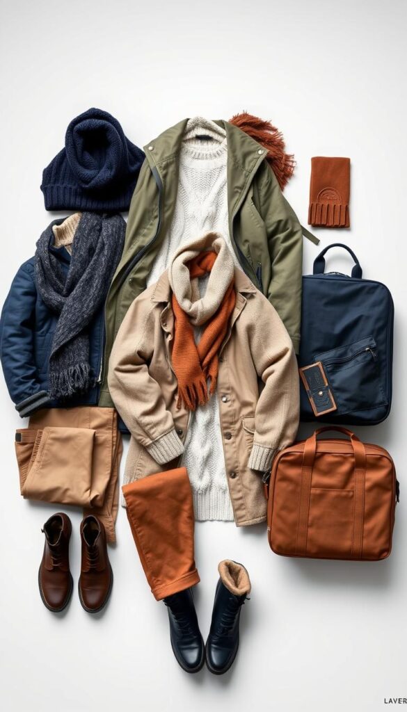 A well-lit, high-resolution photograph of a neatly arranged assortment of layered travel outfits. In the foreground, a set of versatile garments including a cozy sweater, lightweight jacket, and a comfortable pair of trousers. In the middle ground, various accessory options such as a scarf, beanie, and gloves, showcasing how to adapt the core outfit for different climates. The background features a minimalist, clean-lined suitcase and a sleek carry-on bag, emphasizing the practicality and packability of the layered wardrobe. The overall mood is one of efficiency, style, and preparedness for any travel destination. A well-lit, high-resolution photograph of a neatly arranged assortment of layered travel outfits. In the foreground, a set of versatile garments including a cozy sweater, lightweight jacket, and a comfortable pair of trousers. In the middle ground, various accessory options such as a scarf, beanie, and gloves, showcasing how to adapt the core outfit for different climates. The background features a minimalist, clean-lined suitcase and a sleek carry-on bag, emphasizing the practicality and packability of the layered wardrobe. The overall mood is one of efficiency, style, and preparedness for any travel destination.