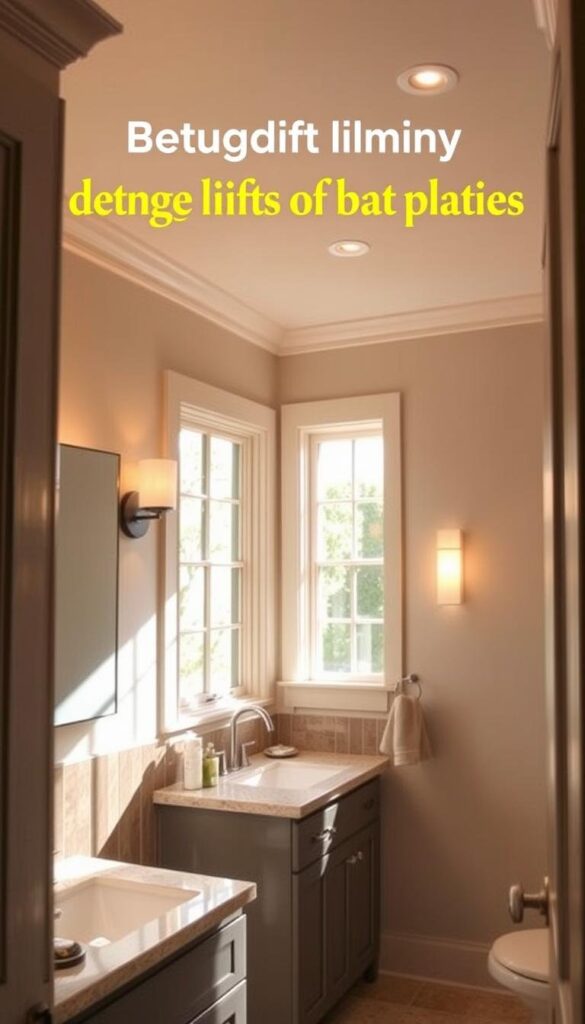 A well-lit, inviting bathroom with a variety of budget-friendly lighting solutions. Soft, warm overhead lighting illuminates the vanity area, casting a gentle glow. Task lighting such as wall sconces or recessed fixtures provide focused illumination for grooming. Subtle accent lights highlight architectural features or decorative elements. Natural light streams in through a large window, creating a bright, airy atmosphere. Muted colors and natural materials like wood and stone contribute to a serene, spa-like ambiance. Carefully placed mirrors maximize the sense of space and reflection. The overall lighting design is practical, energy-efficient, and enhances the room's aesthetic appeal. A well-lit, inviting bathroom with a variety of budget-friendly lighting solutions. Soft, warm overhead lighting illuminates the vanity area, casting a gentle glow. Task lighting such as wall sconces or recessed fixtures provide focused illumination for grooming. Subtle accent lights highlight architectural features or decorative elements. Natural light streams in through a large window, creating a bright, airy atmosphere. Muted colors and natural materials like wood and stone contribute to a serene, spa-like ambiance. Carefully placed mirrors maximize the sense of space and reflection. The overall lighting design is practical, energy-efficient, and enhances the room's aesthetic appeal.