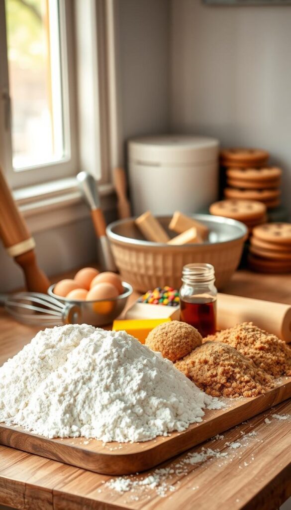 A well-lit kitchen counter showcases an artful arrangement of classic cookie ingredients. In the foreground, a wooden board is adorned with mounds of all-purpose flour, granulated sugar, and brown sugar. Nestled among them are fresh eggs, a stick of butter, and a jar of vanilla extract. In the middle ground, a mixing bowl stands ready, flanked by a whisk and a rolling pin. The background features a neatly stacked pile of colorful sprinkles, chocolate chips, and crushed graham crackers, hinting at the endless possibilities for festive cookie creations. The scene is bathed in warm, natural lighting, creating a cozy, inviting atmosphere. A well-lit kitchen counter showcases an artful arrangement of classic cookie ingredients. In the foreground, a wooden board is adorned with mounds of all-purpose flour, granulated sugar, and brown sugar. Nestled among them are fresh eggs, a stick of butter, and a jar of vanilla extract. In the middle ground, a mixing bowl stands ready, flanked by a whisk and a rolling pin. The background features a neatly stacked pile of colorful sprinkles, chocolate chips, and crushed graham crackers, hinting at the endless possibilities for festive cookie creations. The scene is bathed in warm, natural lighting, creating a cozy, inviting atmosphere.