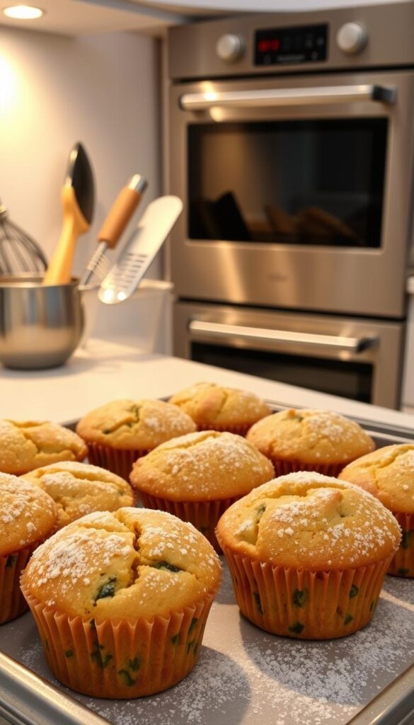 A well-lit kitchen counter with a stainless steel oven in the background. On the counter, an assortment of baking utensils, including a whisk, a spatula, and a measuring cup. In the foreground, a tray of freshly baked zucchini muffins, their golden tops dusted with a light coating of powdered sugar. The muffins are arranged in a visually appealing manner, showcasing their tender crumb and the flecks of green zucchini visible within. The lighting is warm and inviting, creating a cozy, homey atmosphere that complements the subject matter. A well-lit kitchen counter with a stainless steel oven in the background. On the counter, an assortment of baking utensils, including a whisk, a spatula, and a measuring cup. In the foreground, a tray of freshly baked zucchini muffins, their golden tops dusted with a light coating of powdered sugar. The muffins are arranged in a visually appealing manner, showcasing their tender crumb and the flecks of green zucchini visible within. The lighting is warm and inviting, creating a cozy, homey atmosphere that complements the subject matter.