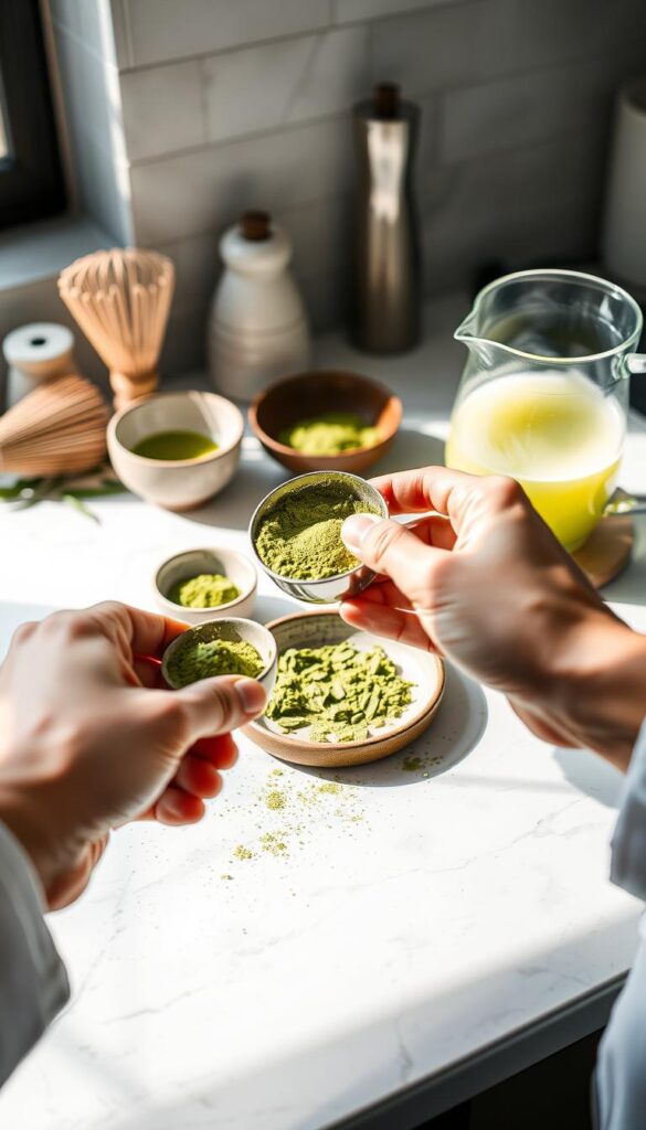 A well-lit kitchen counter with an assortment of matcha powder, a bamboo whisk, a traditional ceramic tea bowl, and a glass pitcher filled with hot water. In the foreground, a chef's hands carefully measure and sift the matcha, preparing the perfect blend for a delicate matcha dessert. The scene is bathed in soft, natural lighting, creating a tranquil and focused atmosphere, hinting at the care and precision required for matcha preparation. The angle captures the process from an eye-level perspective, inviting the viewer to engage with the tactile and sensory experience of matcha dessert making. A well-lit kitchen counter with an assortment of matcha powder, a bamboo whisk, a traditional ceramic tea bowl, and a glass pitcher filled with hot water. In the foreground, a chef's hands carefully measure and sift the matcha, preparing the perfect blend for a delicate matcha dessert. The scene is bathed in soft, natural lighting, creating a tranquil and focused atmosphere, hinting at the care and precision required for matcha preparation. The angle captures the process from an eye-level perspective, inviting the viewer to engage with the tactile and sensory experience of matcha dessert making.