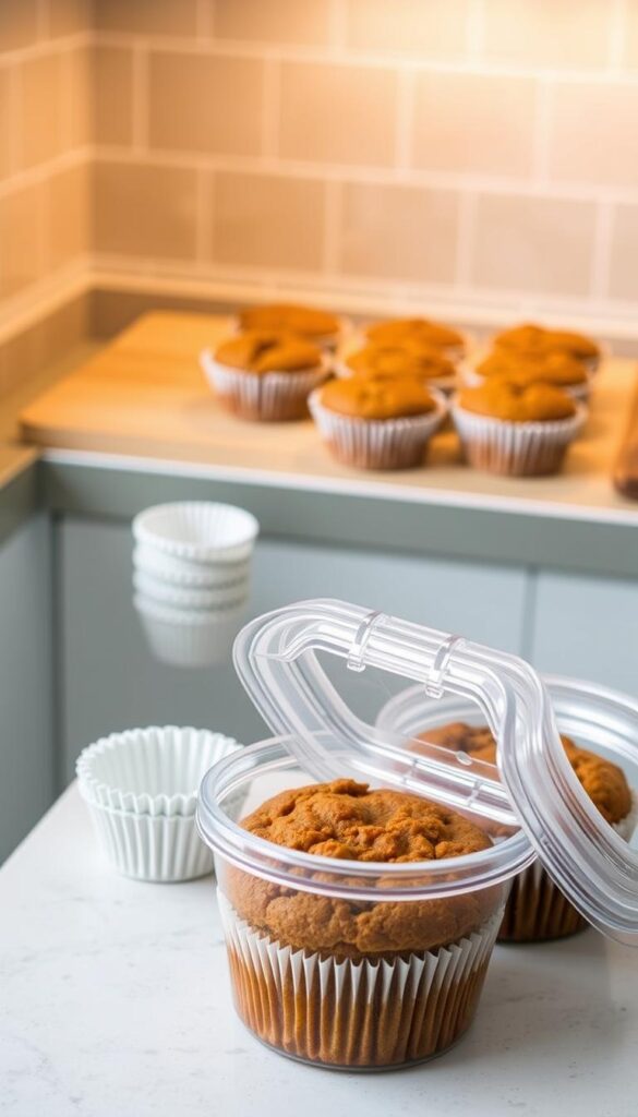 A well-lit kitchen counter with freshly baked pumpkin spice muffins neatly arranged on a wooden cutting board. In the foreground, a glass storage container with a tight-fitting lid stands open, showcasing the muffins' moist texture and inviting aroma. The middle ground features a stack of small paper baking cups, hinting at the homemade preparation process. The background depicts a minimalist tile backsplash, casting a warm glow on the scene. The overall composition conveys a sense of domestic comfort and culinary expertise, perfectly suited for the "Storage and Freshness Tips" section of the pumpkin spice muffin article. A well-lit kitchen counter with freshly baked pumpkin spice muffins neatly arranged on a wooden cutting board. In the foreground, a glass storage container with a tight-fitting lid stands open, showcasing the muffins' moist texture and inviting aroma. The middle ground features a stack of small paper baking cups, hinting at the homemade preparation process. The background depicts a minimalist tile backsplash, casting a warm glow on the scene. The overall composition conveys a sense of domestic comfort and culinary expertise, perfectly suited for the "Storage and Freshness Tips" section of the pumpkin spice muffin article.