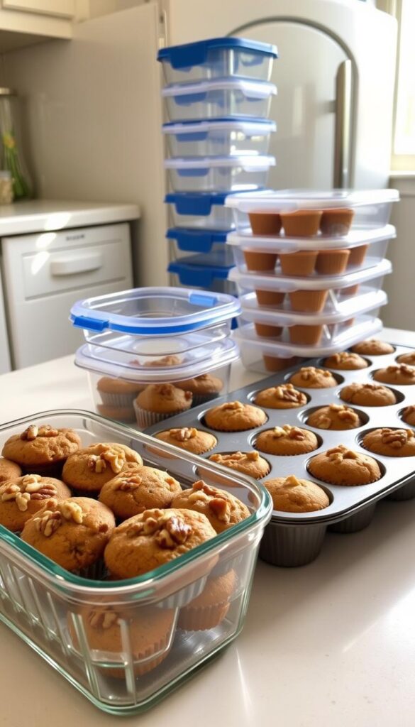 A well-lit kitchen counter with various muffin storage containers and freezing methods. In the foreground, a transparent glass container holds freshly baked zucchini muffins with walnuts, their golden tops visible. Beside it, a stainless steel baking tin is partially filled with muffins, ready for the freezer. In the middle ground, a set of airtight plastic containers in different sizes stand neatly arranged, suitable for long-term storage. The background features a vintage-style fridge, its door slightly ajar, revealing the optimal freezing conditions for preserving the delectable muffins. Soft, natural lighting creates a warm, inviting atmosphere, emphasizing the homemade, comforting nature of the scene. A well-lit kitchen counter with various muffin storage containers and freezing methods. In the foreground, a transparent glass container holds freshly baked zucchini muffins with walnuts, their golden tops visible. Beside it, a stainless steel baking tin is partially filled with muffins, ready for the freezer. In the middle ground, a set of airtight plastic containers in different sizes stand neatly arranged, suitable for long-term storage. The background features a vintage-style fridge, its door slightly ajar, revealing the optimal freezing conditions for preserving the delectable muffins. Soft, natural lighting creates a warm, inviting atmosphere, emphasizing the homemade, comforting nature of the scene.